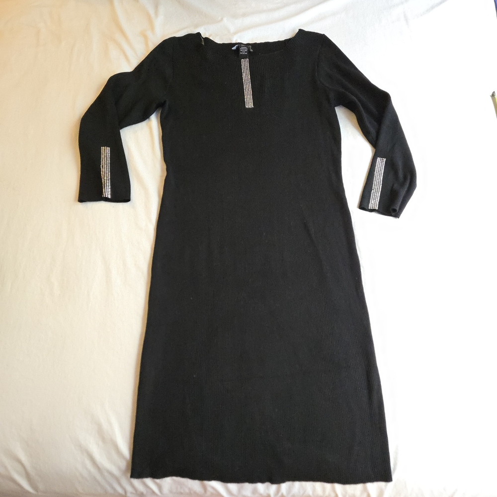 Ashley Stewart 26 28 Black Ribbed Sweater Midi Dress Rhinestone Party